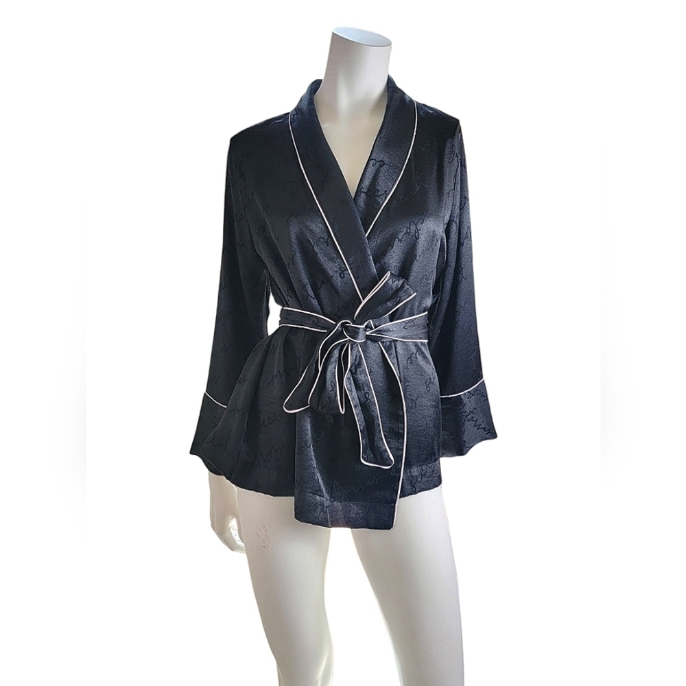 Vintage Victoria's Secret Black Spellout Satin Spring Sexy Robe Housecoat Medium